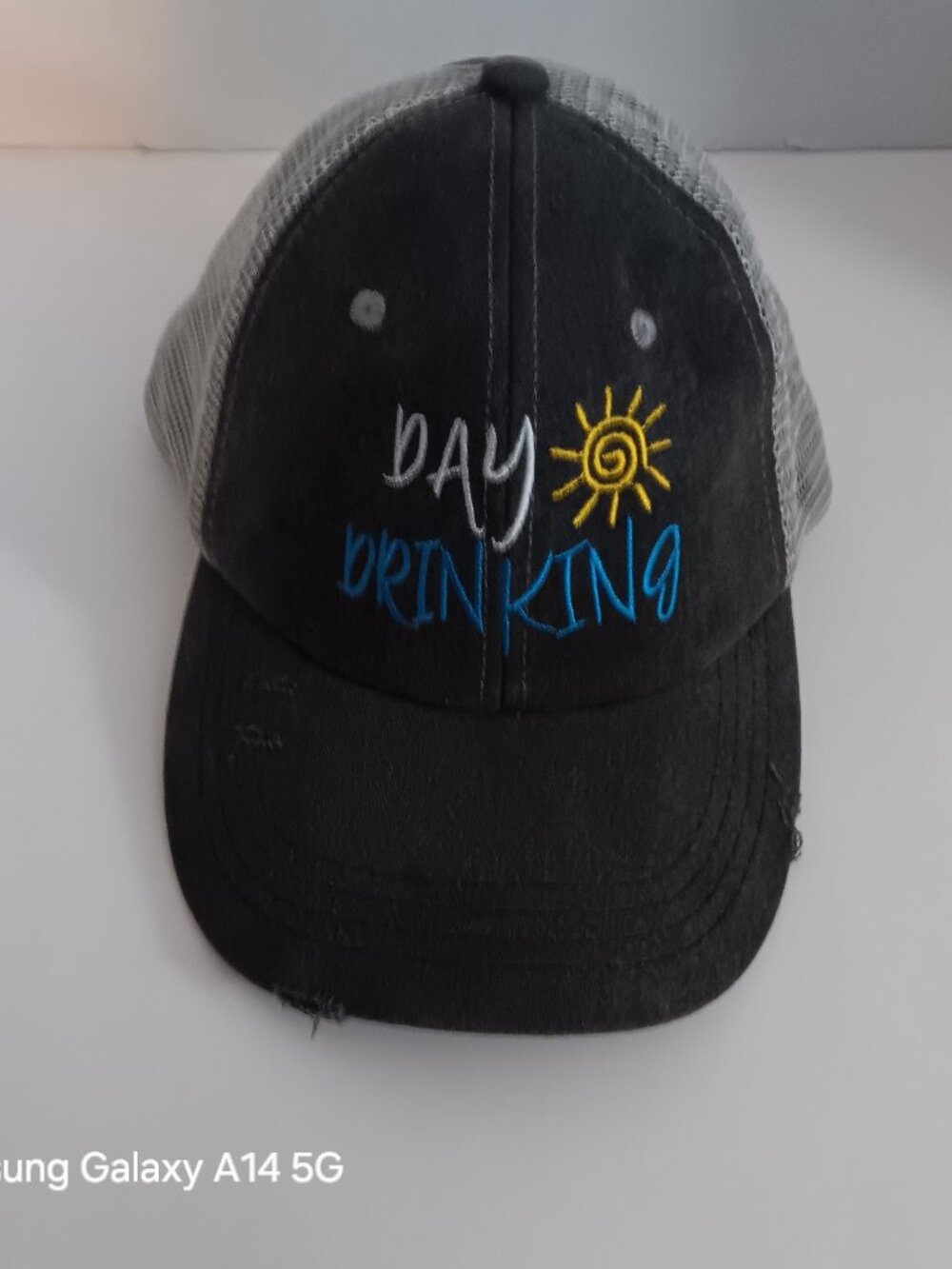 Day Drinking Womens Trucker Hat Gray Mesh Ponytail Distressed Adjustable C